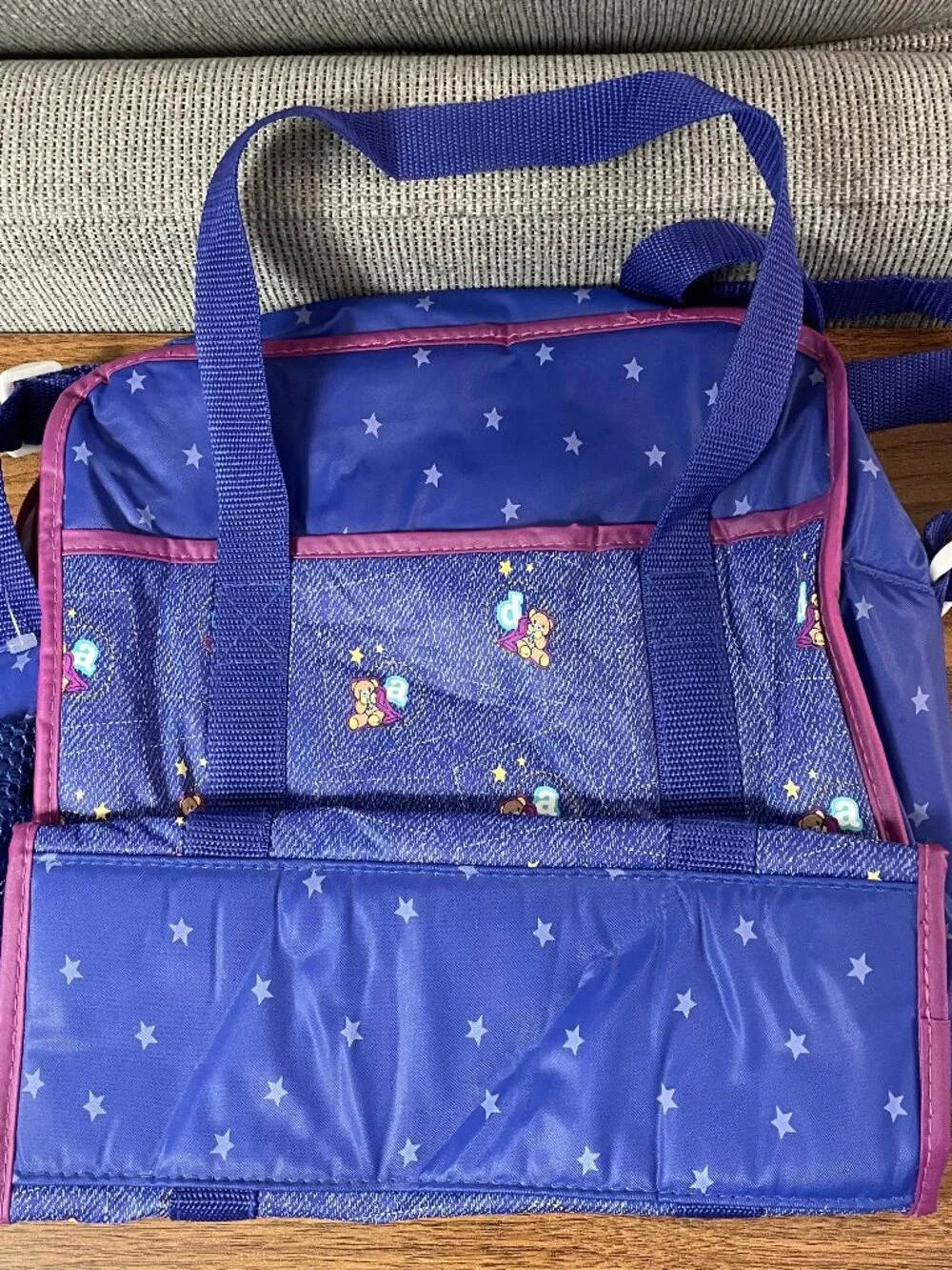 Vtg 90's Ross Insulated Diaper Bag Denim Blue Jean ABC Bear Stars Ziptop